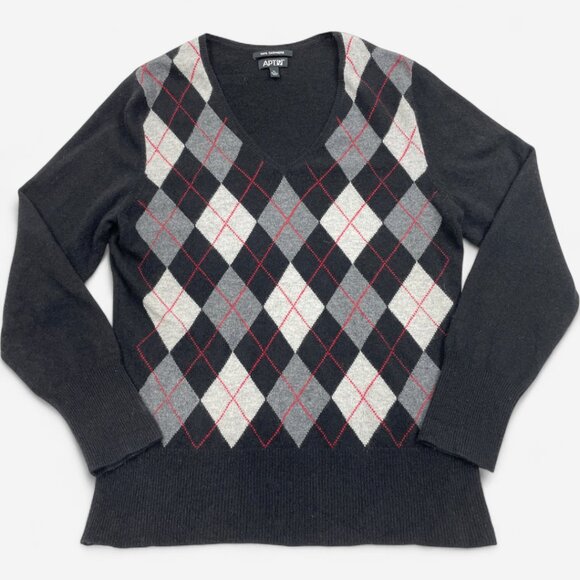 Apt.9 Women's X-Large Argyle Gray Black Cashmere Sweater V-Neck Long Sleeve XL - Picture 1 of 6